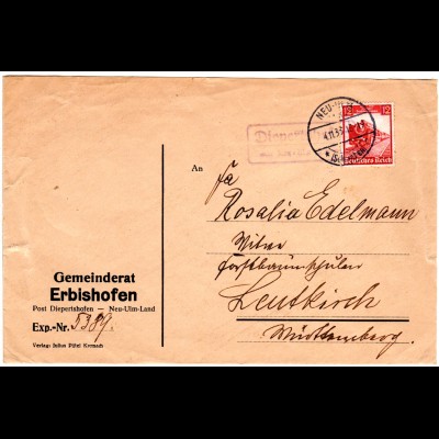 DR 1936, Landpost Stpl. DIEPERTSHOFEN über Neu-Ulm auf Erbishofen Gemeinde Brief