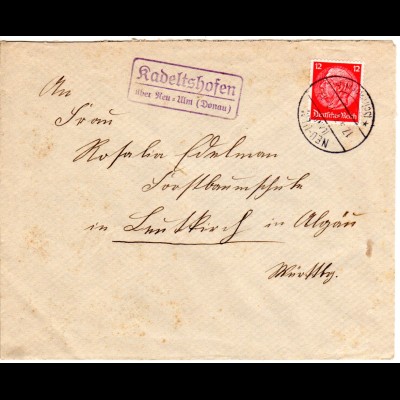 DR 1937, Landpost Stpl. KADELTSHOFEN über Neu-Ulm auf Brief m. 12 Pf.
