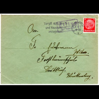 DR 1937, Landpost Stpl. AISING über Rosenheim auf Brief m. 12 Pf.