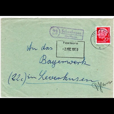 BRD 1959, Landpost Stpl. 23 SCHWEFINGEN über Meppen auf Brief m. 20 Pf.