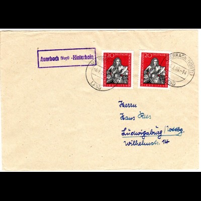 DDR 1959, Landpost Stpl. AUERBACH (Vogtl.)-HINTERHAIN auf Brief m. 2x20 Pf.