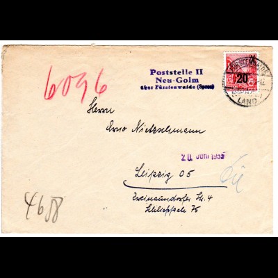 DDR 1960, POSTSTELLE II NEU-GOLM über Fürstenwalde auf Brief m. 20/24 Pf.