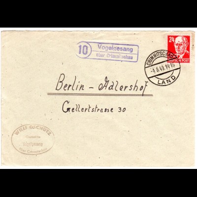 SBZ 1949, Landpost Stpl. 10 VOGELGESANG über Crimmitschau auf Brief m. 24 Pf.