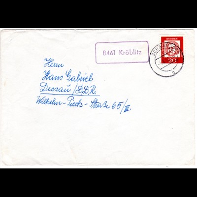 BRD 1963, Landpost Stpl. 8461 KRÖBLITZ auf Brief m. 20 Pf. u. Stpl. Schwandorf