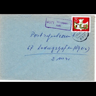 BRD 1963, Landpost Stpl. 6571 WOPPENROTH auf Brief m. 20 Pf. u. Stpl. Kirn.