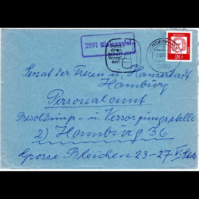 BRD 1963, Landpost Stpl. 2891 Kleinensiel auf Brief m. 20 Pf. u. Stpl. Nordenham