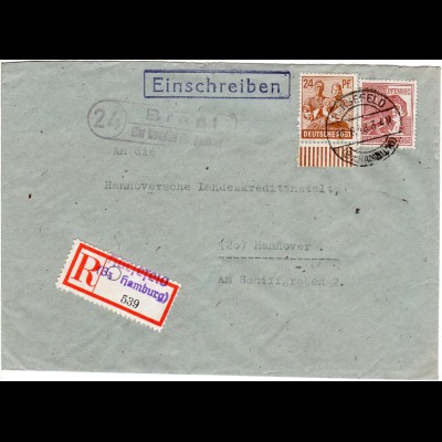1948, Landpoststempel 24 BREST über Harsefeld auf Reko Brief m. 24+60 Pf.