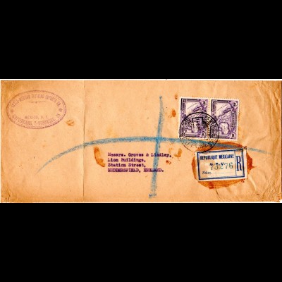 Mexiko 1924, MeF Paar 40 C. Landkarte auf Einschreiben Brief n. GB.