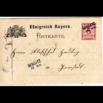 Bayern 1887, L2- Aushilfstempel HERGATZ auf 5 Pf. Ganzsache v. Itzlings.