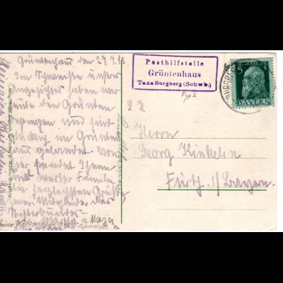 Bayern 1913, Posthilfstelle GRÜNTENHAUS Taxe Burgberg auf Karte m. 5 Pf.