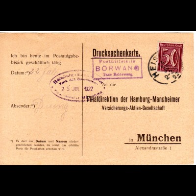 DR 1922, späte Bayern Posthilfstelle BÖRWANG Taxe Haldewang auf Infla Karte 