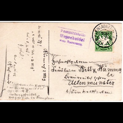 Bayern 1909, Posthilfstelle WEGSCHEIDEL Taxe Buchenberg auf Karte m. 5 Pf. 