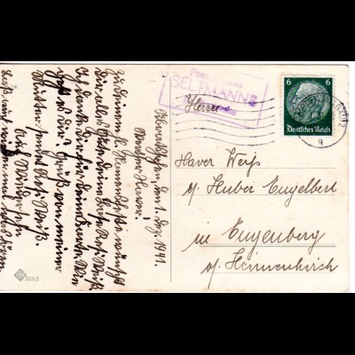 DR 1941, Posthilfstelle SELTMANNS Taxe 22 Siberatshofen auf Karte m. 6 Pf