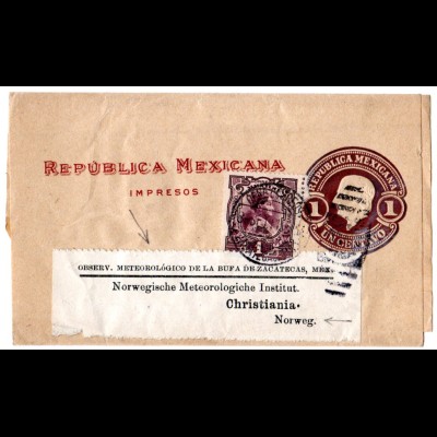 Mexico 1911, 1 C on 1 C. stationery wrapper to Norway from Observ. Meteorologico