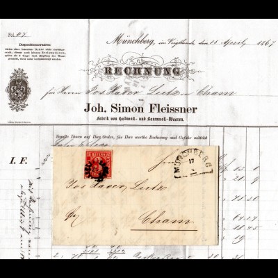 Bayern 1867, MR 324 MÜNCHBERG auf Brief m. 3 Kr. u. innen Rechnungsvordruck