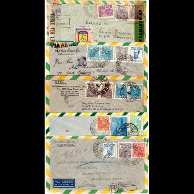 Brasilien 1945-49, 5 Luftpost Briefe, dabei Zensur u. 3x Reko!