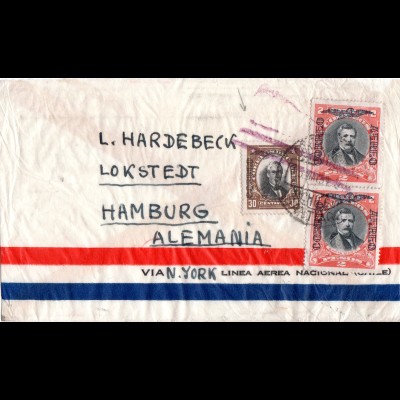 Chile 1931, Brief m. 3 Marken u. Luftpost Annullierungsstpl. n. Deutschland