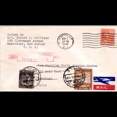 USA-Chile u. retour 1946, Mischfrankatur auf Panagra Air Mail Test Brief