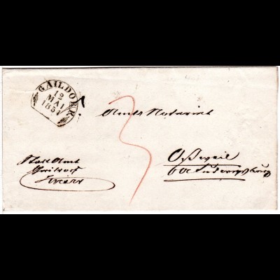 Württemberg 1854, Steigbügelstpl. GAILDORF auf sauberem Porto Brief 