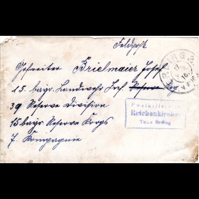 Bayern 1916, Posthilfstelle REICHENKIRCHEN Taxe Erding auf Brief m. K2 Freising