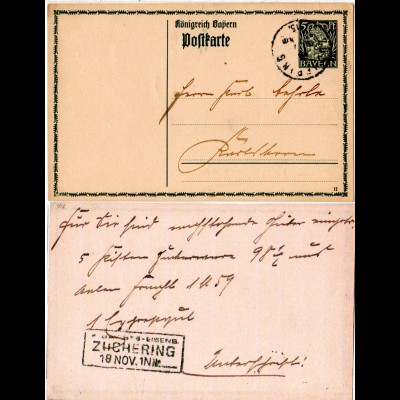 Bayern 1915, R3 K. BAY. STS.-EISENB. ZUCHERING rücks. auf Ganzsache n. Karlskron