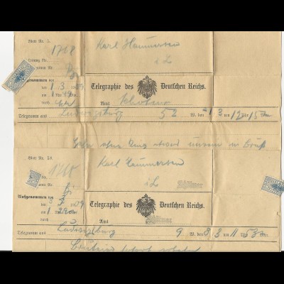 DR 1909, 2 Telegramme v. Ludwigsburg n. Schötmar, 1mal m. L1 Schötmar. #908