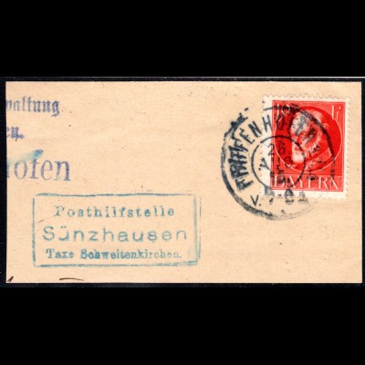 Bayern, Posthilfstelle SÜNZHAUSEN Taxe Schweitenkirchen auf Briefstück m. 10 Pf.