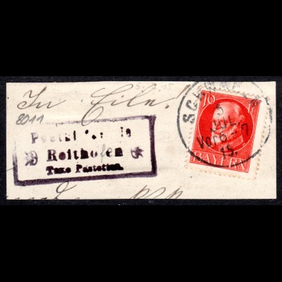 Bayern 1915, Posthilfstelle REITHOFEN Taxe Pastetten auf Briefstück m. 10 Pf.