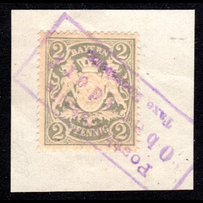 Bayern, Posthilfstelle OBERNDORF Taxe Ebersberg auf Briefstück m. 2 Pf.