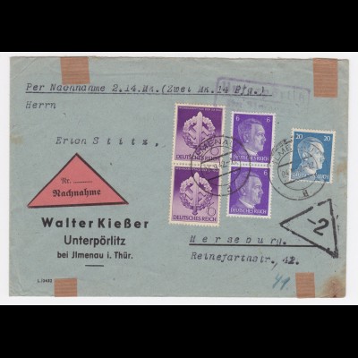 DR 1942, Landpoststempel Unterpörlitz über Ilmenau auf Nachnahme Brief. #322