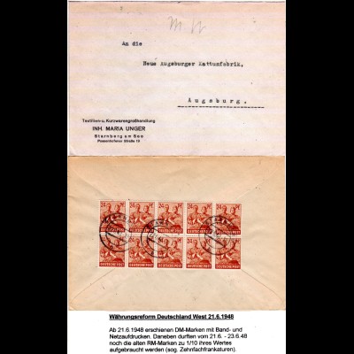 1948, 10er-Block 24 Pf. auf Währungsreform 10fach-Frankatur Brief v. Starnberg