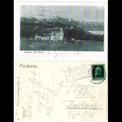 Bayern 1912, Posthilfstelle NEUREUT Taxe TEGERNSEE (Typ 2) auf sw-AK m. 5 Pf