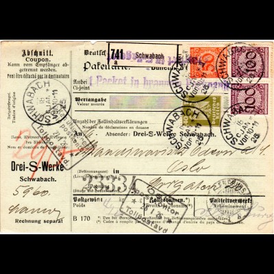 DR 1926, 40+50+2x100 Pf. auf Paketkarte v. Schwabach n. Norwegen.