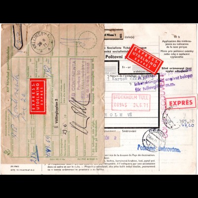 Tschechoslowakei 1971, Express Paketkarte v. Jablonec m. Schweden Postformular.