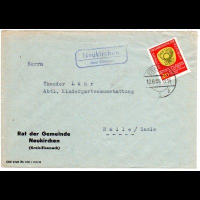DDR 1959, Landpost Stpl. NEUKIRCHEN über Eisenach auf Gemeinde Brief m. 20 Pf..