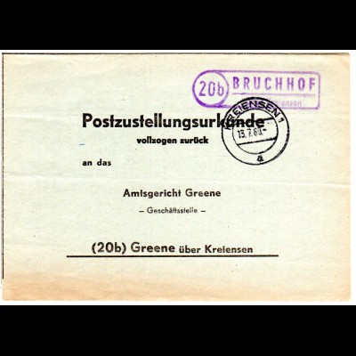 BRD 1960, Landpost Stpl. 20b BRUCHHOF über Kreiensen auf Zustellungsurkunde.