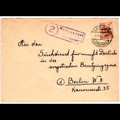 SBZ 1948, Landpost Stpl. 2 RADENSDORF über Lübben auf Brief m. 24 Pf.