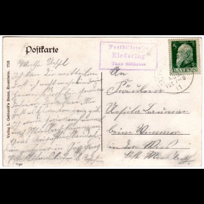 Bayern 1911, Posthilfstelle RIEDERING Taxe Söllhuben auf Rosenheim AK m. 5 Pf.