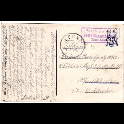 Bayern 1917, Posthilfstelle OBERALLMANNSHOFEN Taxe Leoni auf Feldpost AK