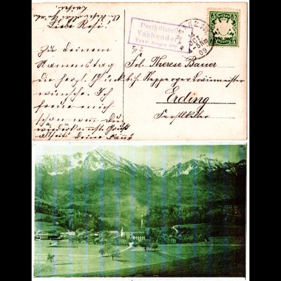 Bayern 1909, Posthilfstelle VACHENDORF Taxe Bergen, auf sw-Foto AK m. 5 Pf.