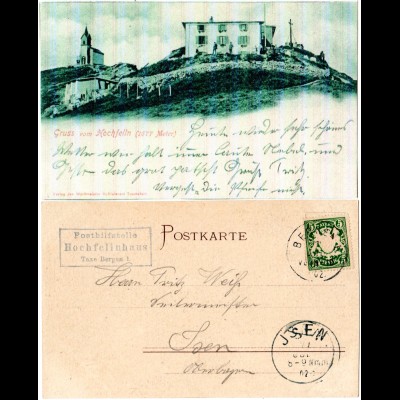 Bayern 1902, Posthilfstelle HOCHFELLNHAUS Taxe Bergen auf sw-AK m. 5 Pf.