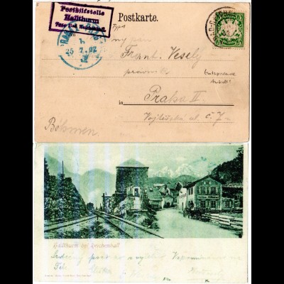 Bayern 1902, Posthilfstelle HALLTHURM Taxe Bad Reichenhall auf sw-AK m. 5 Pf.