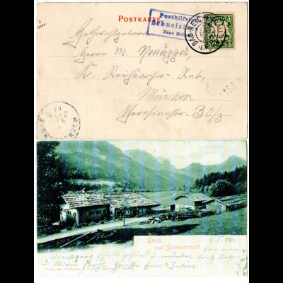 Bayern 1902, Posthilfstelle SCHNEIZLREUTH Taxe Melleck auf Gruss aus-AK m. 5 Pf.