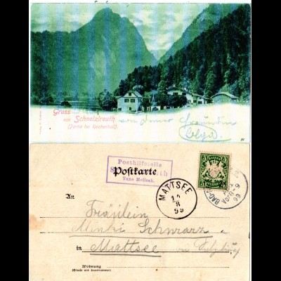 Bayern 1899, Posthilfstelle SCHNEIZLREUTH Taxe Melleck auf Gruss aus-AK m. 5 Pf.