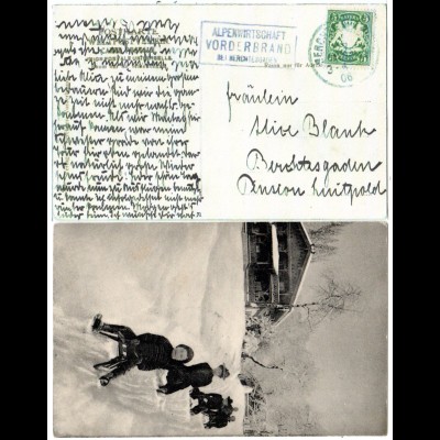 Alpenwirtschaft Vorderbrand m. Rodelbahn, 1906 gebr. sw Winter-AK