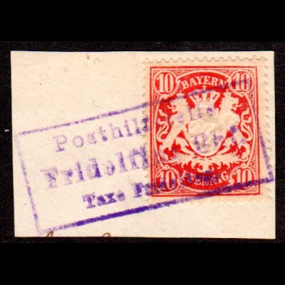 Bayern, Posthilfstelle FRIDOLFING Taxe Freilassing auf Briefstück m. 10 Pf.