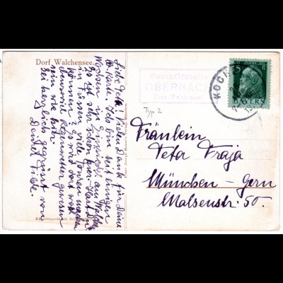 Bayern 1912, Posthilfstelle OBERNACH Taxe Walchensee (Typ 2) auf AK m. 5 Pf.