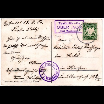 Bayern 1913, Posthilfstelle OBERNACH Taxe Walchensee (Typ 2) auf AK m. 5 Pf.