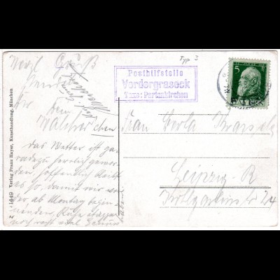 Bayern 1911, Posthilfstelle VORDERGRASECK Taxe Partenkirchen auf AK m. 5 Pf.