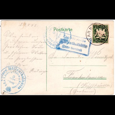Bayern 1908, Posthilfstelle HÖLLENTHALHÜTTE Taxe Garmisch auf Karte m. 5 Pf.